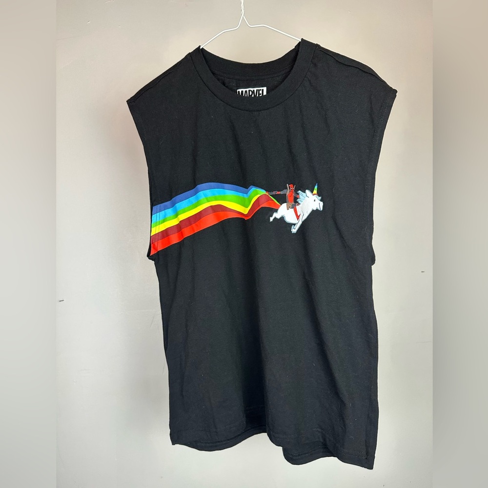 Marvel Junior Black Tank Top with Rainbow Stripe & Unicorn Rider